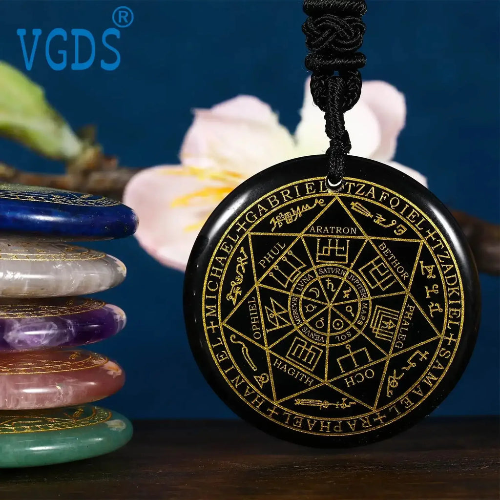 ✨ Natural Crystal Quartz Seven Archangels Amulet Necklace – Seal of Solomon Talisman | Men’s Spiritual Protection Jewelry with Archangel Michael