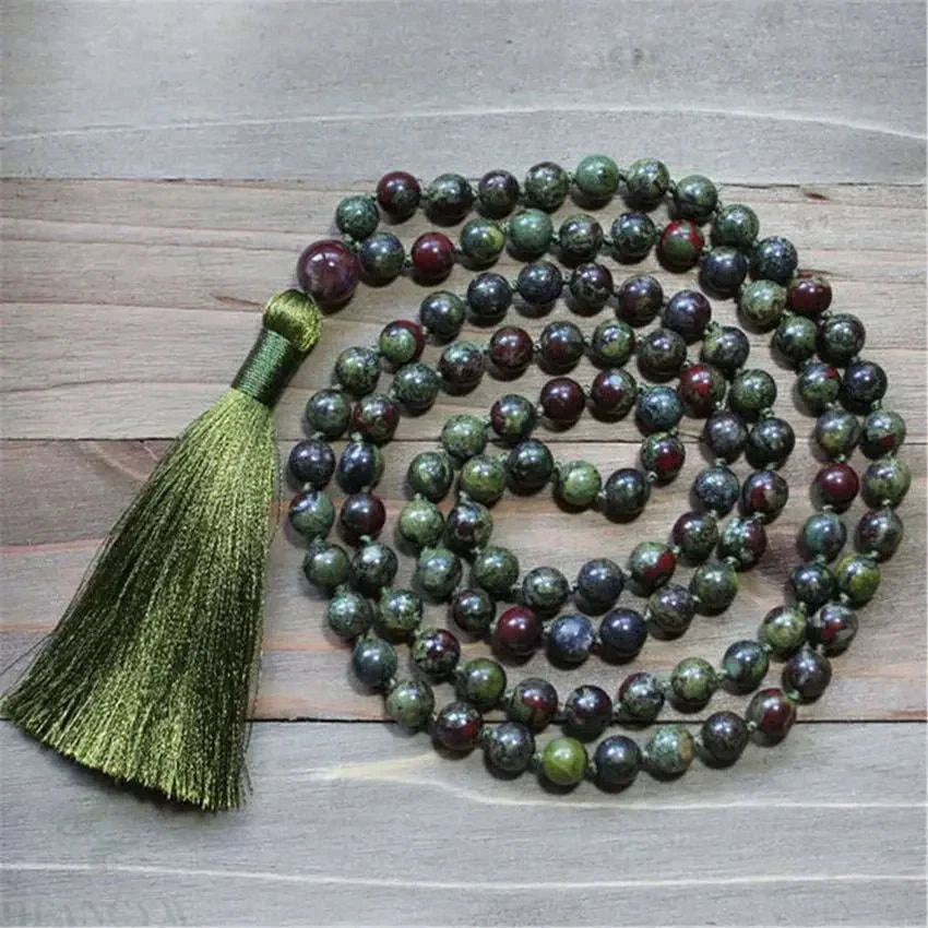 🐉 Natural Dragon Blood Jasper 108 Mala Beads (8mm): The Stone of Courage & Vitality – Heart Chakra Healing Necklace & Buddhist Prayer Japamala