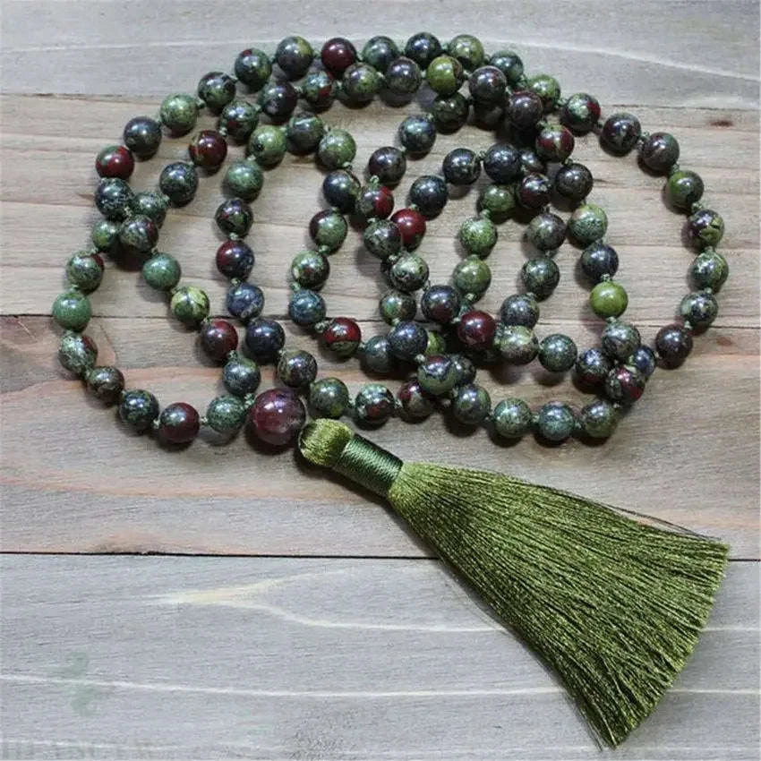 🐉 Natural Dragon Blood Jasper 108 Mala Beads (8mm): The Stone of Courage & Vitality – Heart Chakra Healing Necklace & Buddhist Prayer Japamala