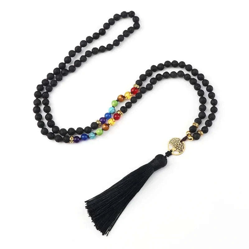 💜 Natural Purple Agate 108 Mala Necklace: Hand-Knotted Reiki Healing Stone – 7 Chakra Meditation Japamala & Boho Tassel Jewelry for Women Lava Stone