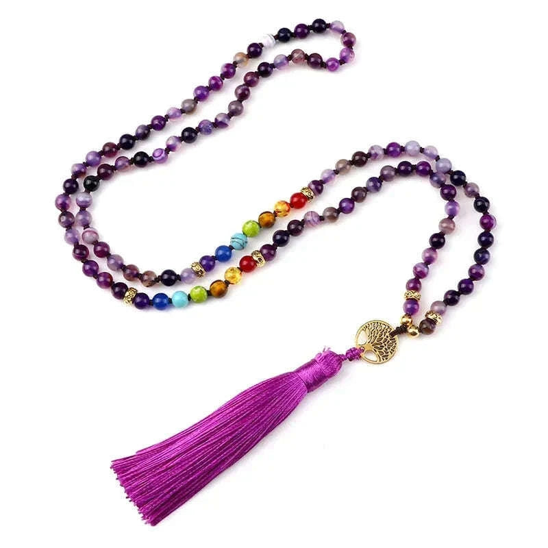 💜 Natural Purple Agate 108 Mala Necklace: Hand-Knotted Reiki Healing Stone – 7 Chakra Meditation Japamala & Boho Tassel Jewelry for Women Purple Agates