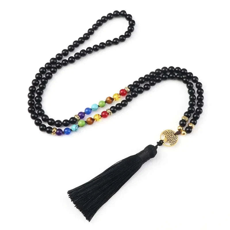 💜 Natural Purple Agate 108 Mala Necklace: Hand-Knotted Reiki Healing Stone – 7 Chakra Meditation Japamala & Boho Tassel Jewelry for Women Shiny Black