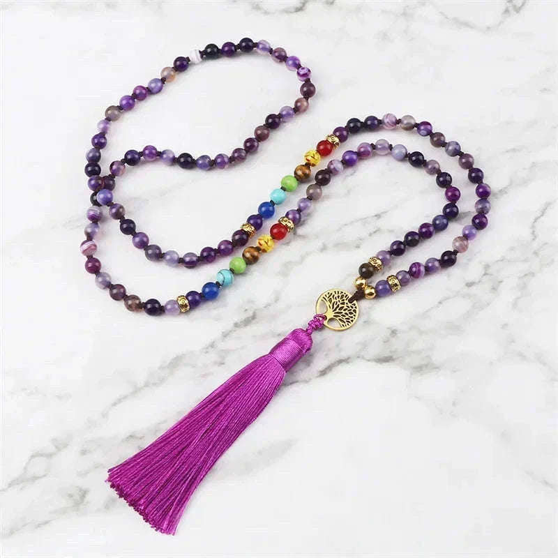 💜 Natural Purple Agate 108 Mala Necklace: Hand-Knotted Reiki Healing Stone – 7 Chakra Meditation Japamala & Boho Tassel Jewelry for Women