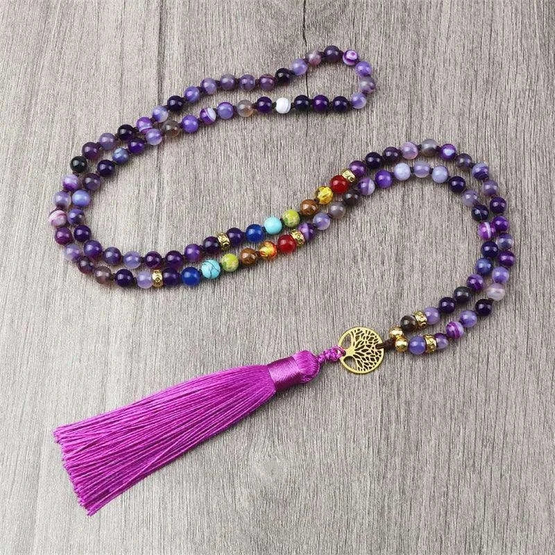 💜 Natural Purple Agate 108 Mala Necklace: Hand-Knotted Reiki Healing Stone – 7 Chakra Meditation Japamala & Boho Tassel Jewelry for Women