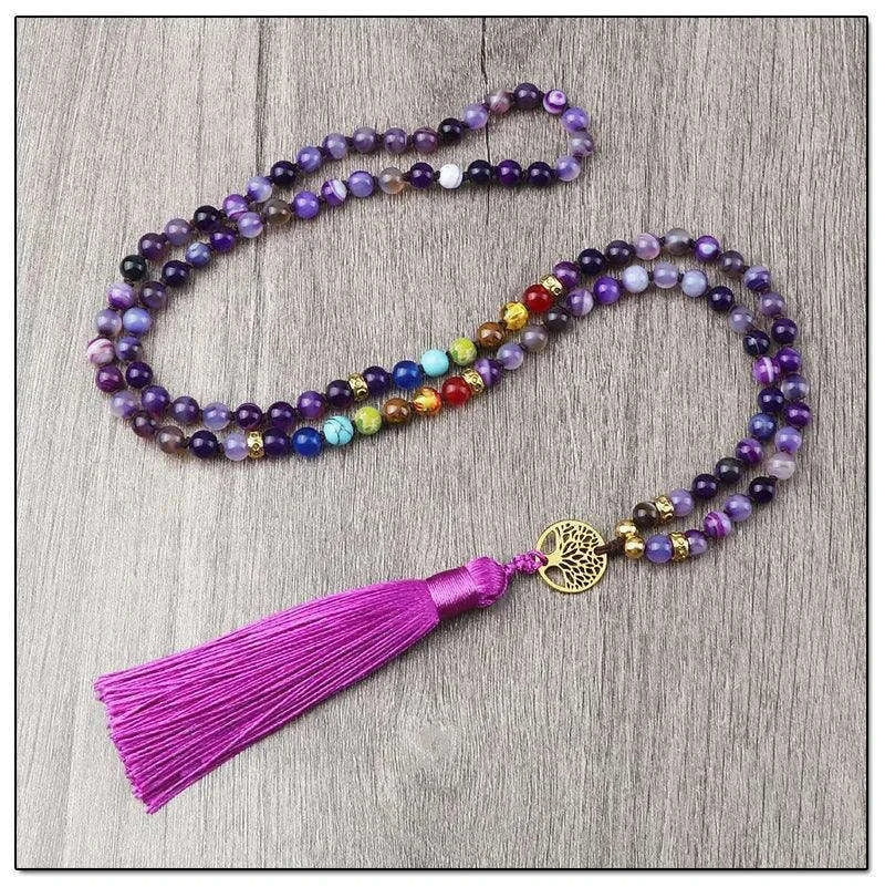 💜 Natural Purple Agate 108 Mala Necklace: Hand-Knotted Reiki Healing Stone – 7 Chakra Meditation Japamala & Boho Tassel Jewelry for Women