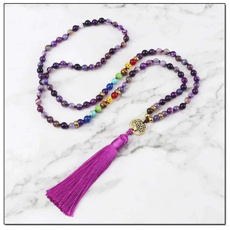 💜 Natural Purple Agate 108 Mala Necklace: Hand-Knotted Reiki Healing Stone – 7 Chakra Meditation Japamala & Boho Tassel Jewelry for Women