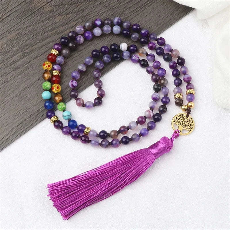 💜 Natural Purple Agate 108 Mala Necklace: Hand-Knotted Reiki Healing Stone – 7 Chakra Meditation Japamala & Boho Tassel Jewelry for Women
