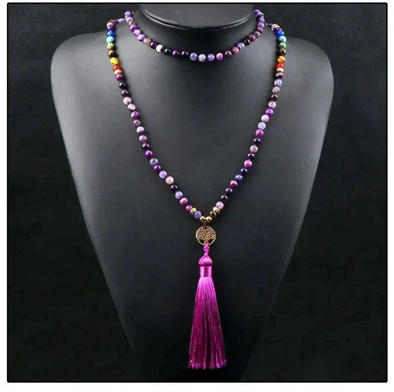💜 Natural Purple Agate 108 Mala Necklace: Hand-Knotted Reiki Healing Stone – 7 Chakra Meditation Japamala & Boho Tassel Jewelry for Women