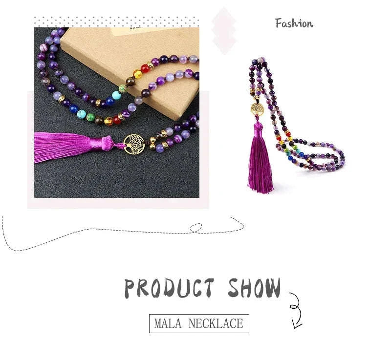 💜 Natural Purple Agate 108 Mala Necklace: Hand-Knotted Reiki Healing Stone – 7 Chakra Meditation Japamala & Boho Tassel Jewelry for Women
