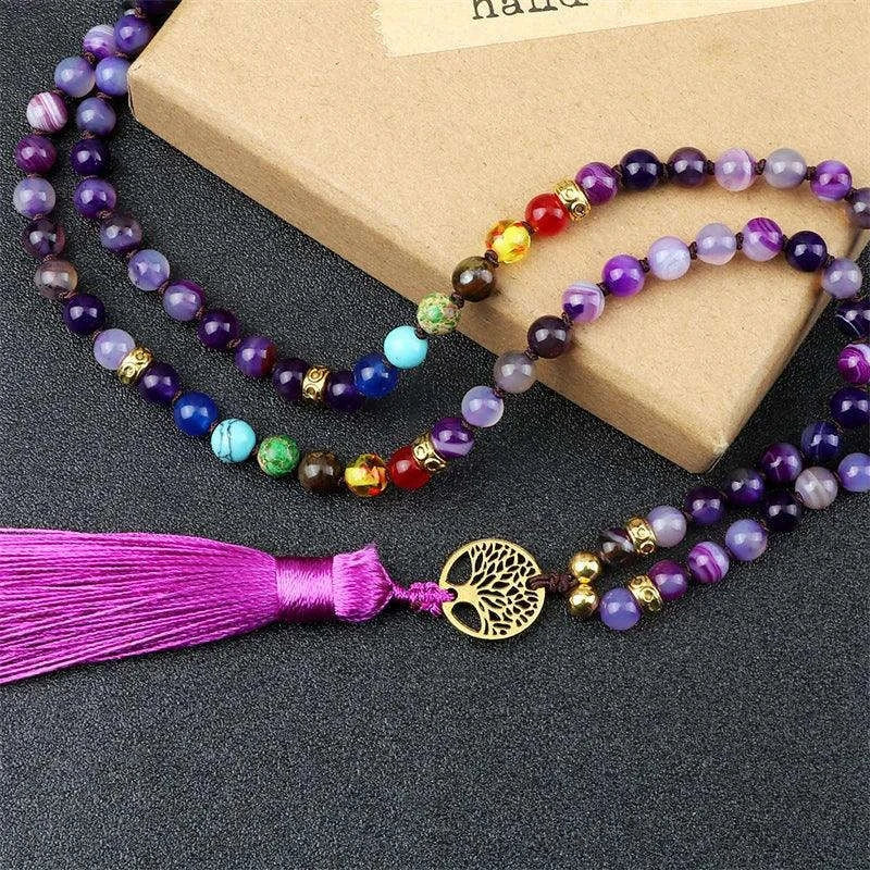 💜 Natural Purple Agate 108 Mala Necklace: Hand-Knotted Reiki Healing Stone – 7 Chakra Meditation Japamala & Boho Tassel Jewelry for Women