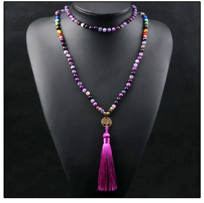 💜 Natural Purple Agate 108 Mala Necklace: Hand-Knotted Reiki Healing Stone – 7 Chakra Meditation Japamala & Boho Tassel Jewelry for Women
