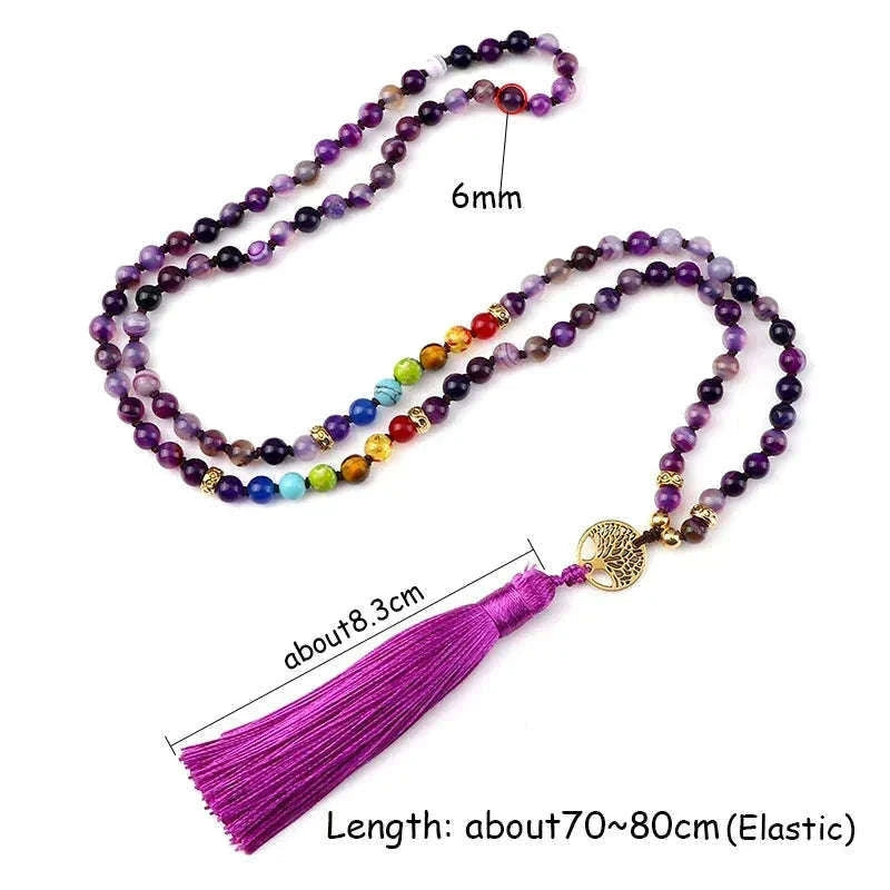 💜 Natural Purple Agate 108 Mala Necklace: Hand-Knotted Reiki Healing Stone – 7 Chakra Meditation Japamala & Boho Tassel Jewelry for Women