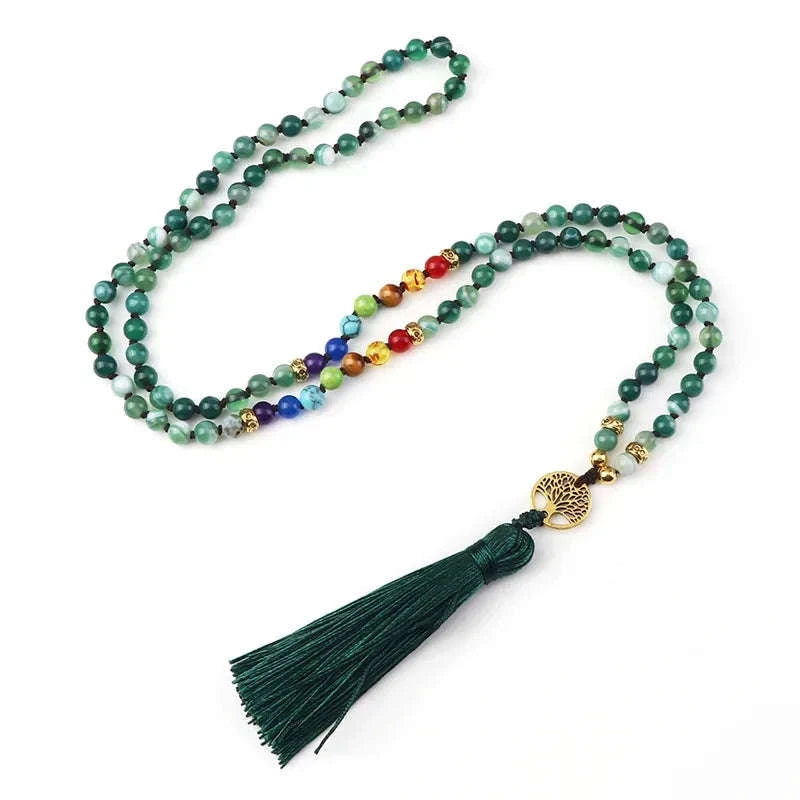 💜 Natural Purple Agate 108 Mala Necklace: Hand-Knotted Reiki Healing Stone – 7 Chakra Meditation Japamala & Boho Tassel Jewelry for Women Green Agates