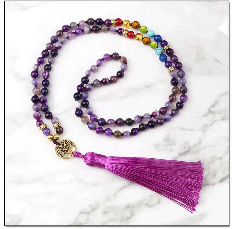 💜 Natural Purple Agate 108 Mala Necklace: Hand-Knotted Reiki Healing Stone – 7 Chakra Meditation Japamala & Boho Tassel Jewelry for Women