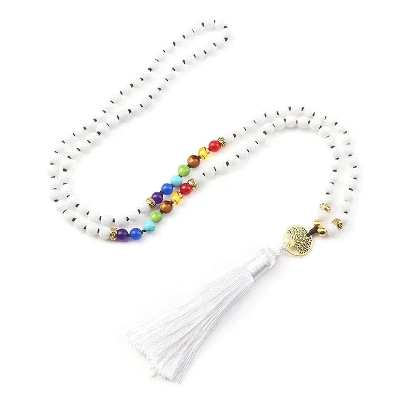 💜 Natural Purple Agate 108 Mala Necklace: Hand-Knotted Reiki Healing Stone – 7 Chakra Meditation Japamala & Boho Tassel Jewelry for Women White Porcelain