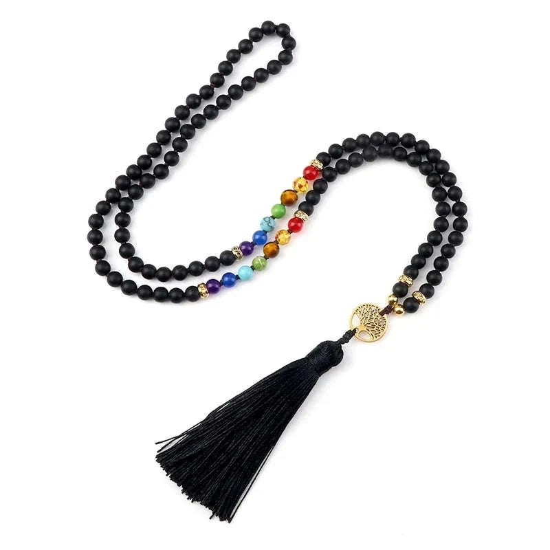 💜 Natural Purple Agate 108 Mala Necklace: Hand-Knotted Reiki Healing Stone – 7 Chakra Meditation Japamala & Boho Tassel Jewelry for Women Black Matte
