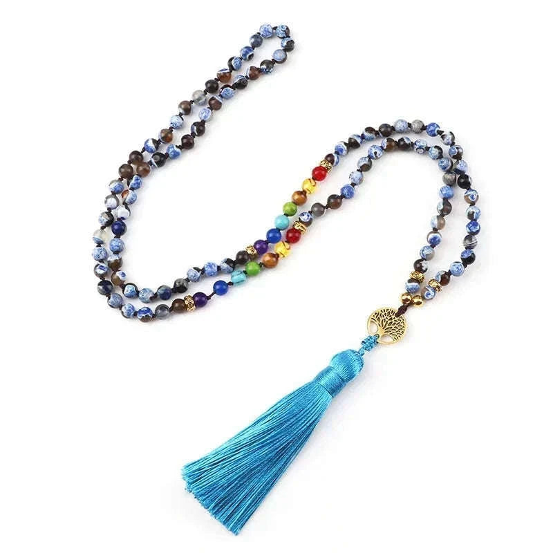 💜 Natural Purple Agate 108 Mala Necklace: Hand-Knotted Reiki Healing Stone – 7 Chakra Meditation Japamala & Boho Tassel Jewelry for Women lapis lazuli agates