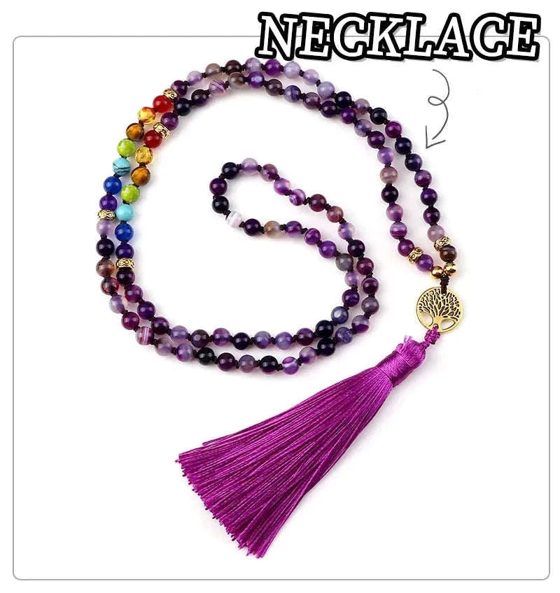 💜 Natural Purple Agate 108 Mala Necklace: Hand-Knotted Reiki Healing Stone – 7 Chakra Meditation Japamala & Boho Tassel Jewelry for Women