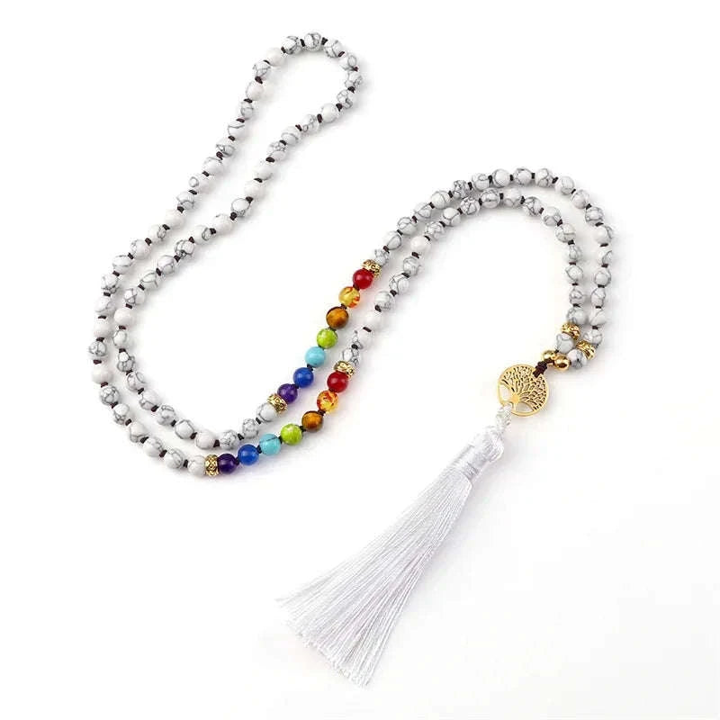 💜 Natural Purple Agate 108 Mala Necklace: Hand-Knotted Reiki Healing Stone – 7 Chakra Meditation Japamala & Boho Tassel Jewelry for Women Black Line