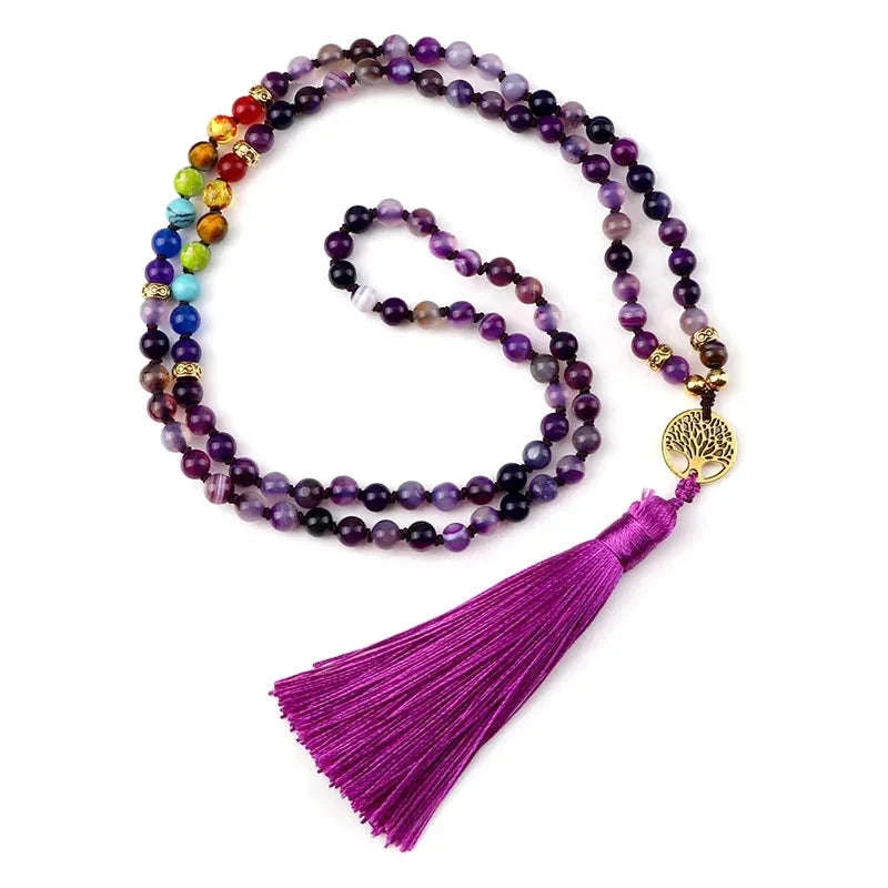 💜 Natural Purple Agate 108 Mala Necklace: Hand-Knotted Reiki Healing Stone – 7 Chakra Meditation Japamala & Boho Tassel Jewelry for Women