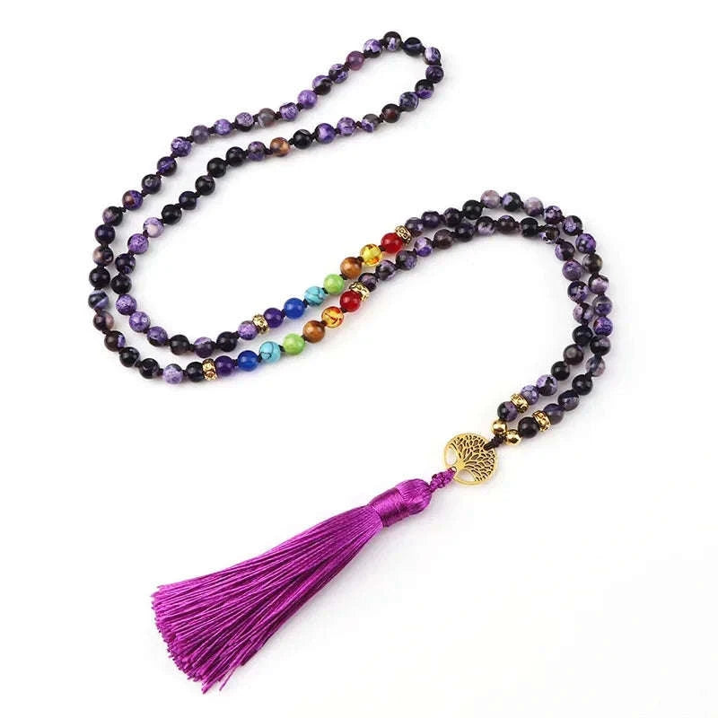 💜 Natural Purple Agate 108 Mala Necklace: Hand-Knotted Reiki Healing Stone – 7 Chakra Meditation Japamala & Boho Tassel Jewelry for Women Purple Fire Agates
