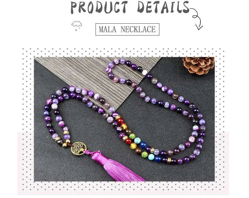 💜 Natural Purple Agate 108 Mala Necklace: Hand-Knotted Reiki Healing Stone – 7 Chakra Meditation Japamala & Boho Tassel Jewelry for Women