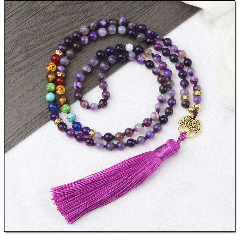 💜 Natural Purple Agate 108 Mala Necklace: Hand-Knotted Reiki Healing Stone – 7 Chakra Meditation Japamala & Boho Tassel Jewelry for Women