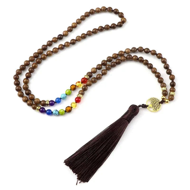 💜 Natural Purple Agate 108 Mala Necklace: Hand-Knotted Reiki Healing Stone – 7 Chakra Meditation Japamala & Boho Tassel Jewelry for Women Wooden Beads