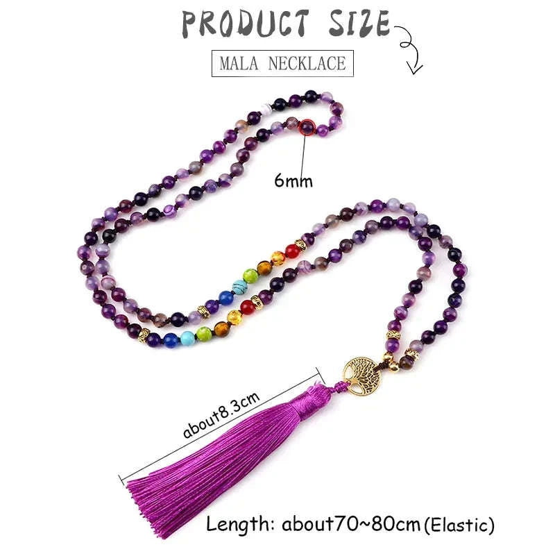 💜 Natural Purple Agate 108 Mala Necklace: Hand-Knotted Reiki Healing Stone – 7 Chakra Meditation Japamala & Boho Tassel Jewelry for Women