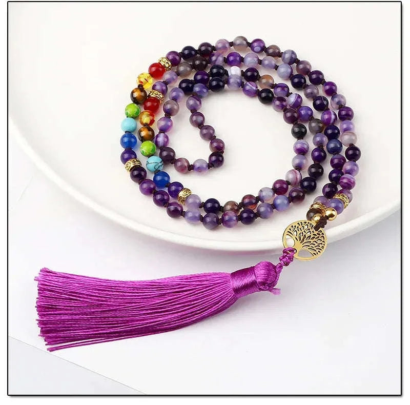 💜 Natural Purple Agate 108 Mala Necklace: Hand-Knotted Reiki Healing Stone – 7 Chakra Meditation Japamala & Boho Tassel Jewelry for Women