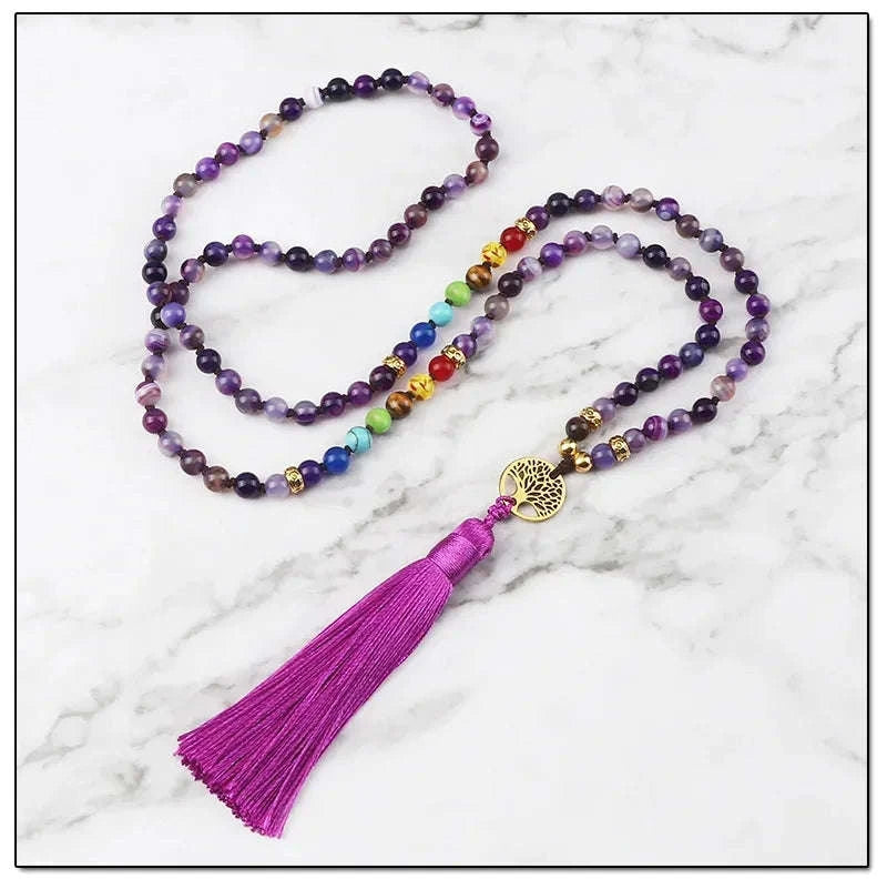 💜 Natural Purple Agate 108 Mala Necklace: Hand-Knotted Reiki Healing Stone – 7 Chakra Meditation Japamala & Boho Tassel Jewelry for Women