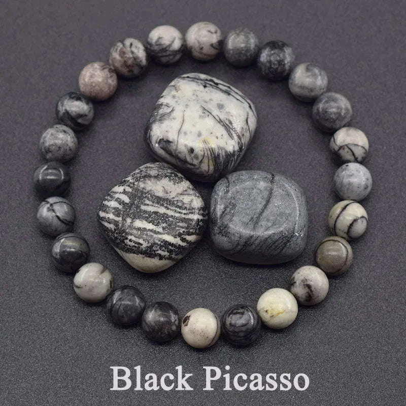 ✨ Natural Red Picasso Jasper Stone Beads Elastic Bracelet – Unisex Healing Crystal Jewelry with Round Red Pine Beads – Elegant Jade Bangle Gift 29 Black Picasso