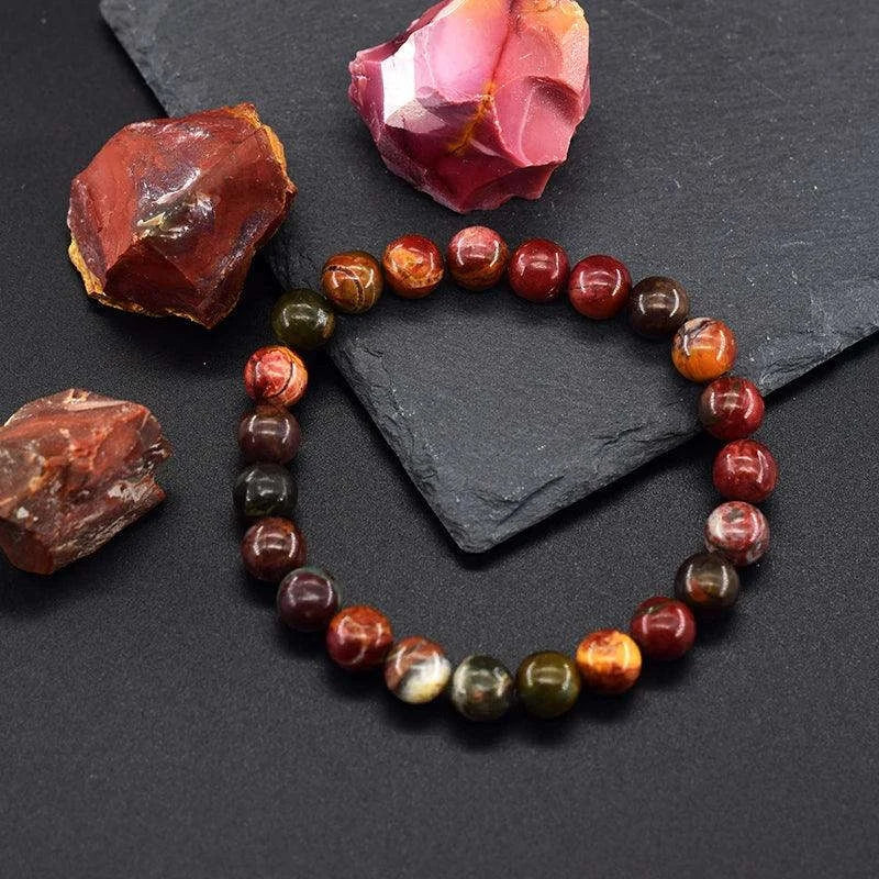 ✨ Natural Red Picasso Jasper Stone Beads Elastic Bracelet – Unisex Healing Crystal Jewelry with Round Red Pine Beads – Elegant Jade Bangle Gift