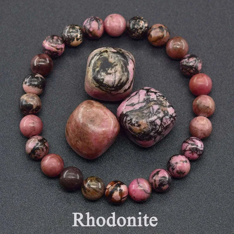 ✨ Natural Red Picasso Jasper Stone Beads Elastic Bracelet – Unisex Healing Crystal Jewelry with Round Red Pine Beads – Elegant Jade Bangle Gift 24 Rhodonite