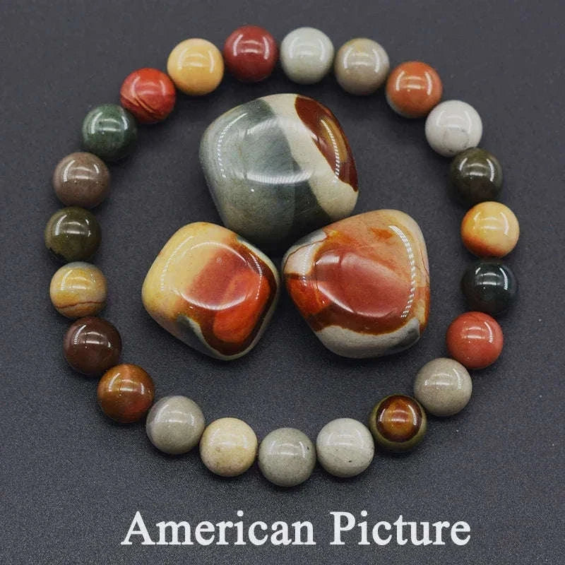 ✨ Natural Red Picasso Jasper Stone Beads Elastic Bracelet – Unisex Healing Crystal Jewelry with Round Red Pine Beads – Elegant Jade Bangle Gift 2 American Picture
