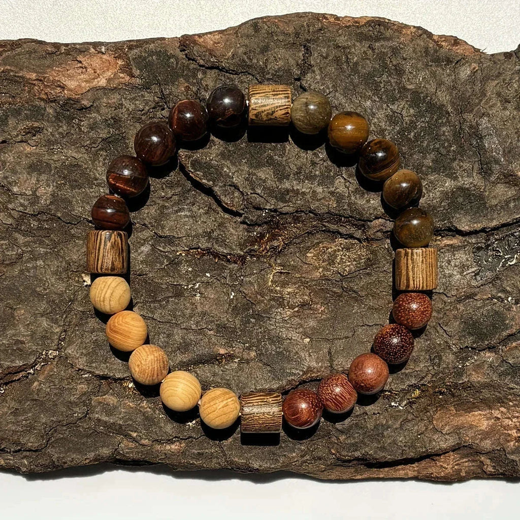 ✨ Natural Red & Yellow Tiger Eye Stone and Wood Beads Handmade Bracelet – Unisex Protection, Grounding, Abundance & Prosperity Jewelry