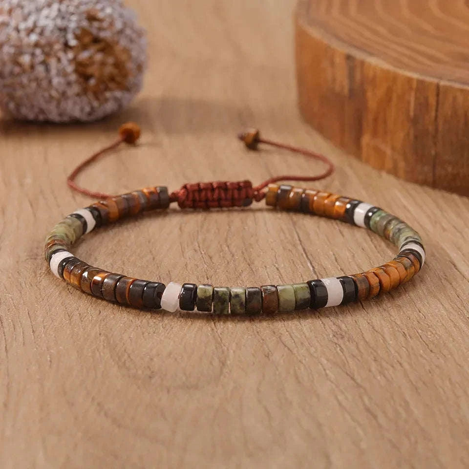 ✨ Natural Stone Beaded Woven Bracelet – Tiger’s Eye & Obsidian – Adjustable Unisex Couple Jewelry with Encouragement Blessing Card