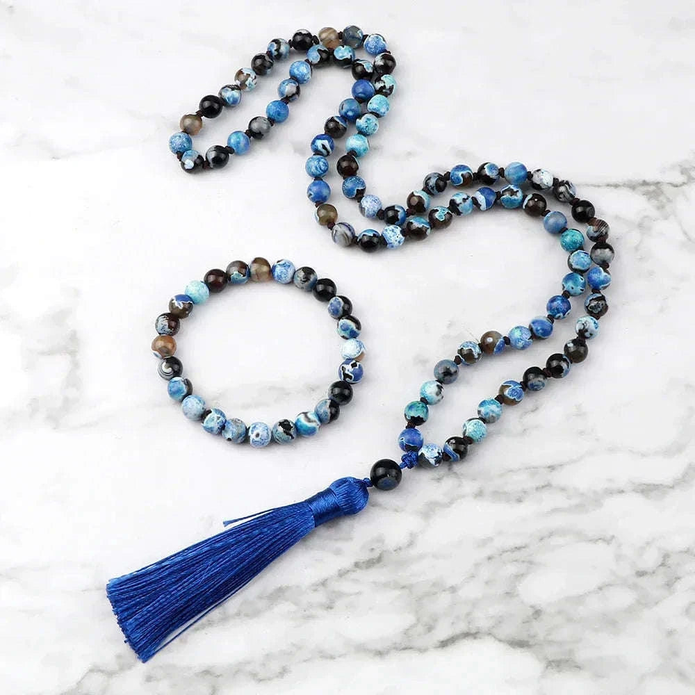 🐯 Natural Tiger Eye Stone Jewelry Set (Necklace & Bracelet): Healing Tassel Pendant & Sweater Chain – Confidence, Wealth & Protection Crystal for Women Dark Blue Fire