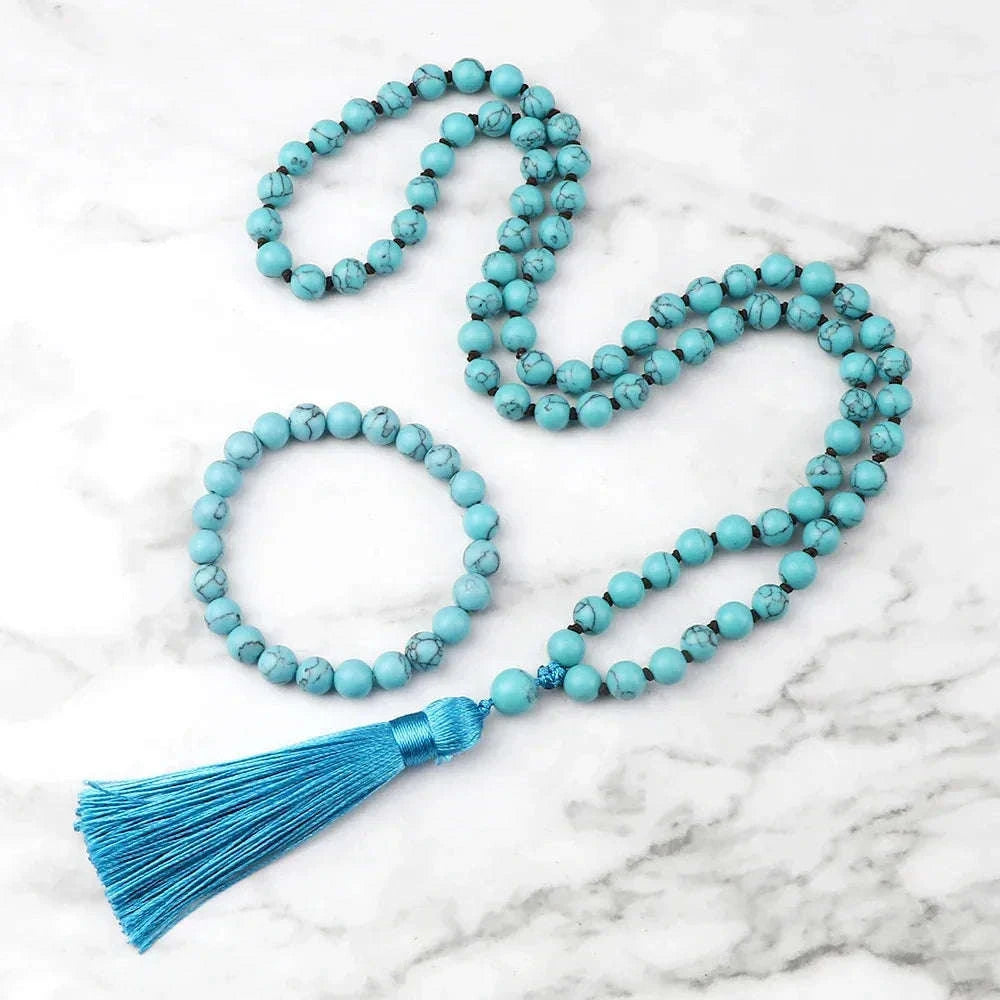 🐯 Natural Tiger Eye Stone Jewelry Set (Necklace & Bracelet): Healing Tassel Pendant & Sweater Chain – Confidence, Wealth & Protection Crystal for Women Ligth Blue Pine