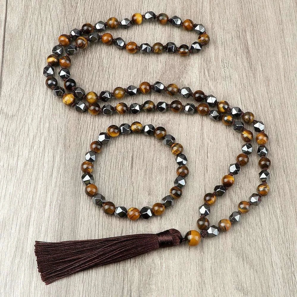 🐯 Natural Tiger Eye Stone Jewelry Set (Necklace & Bracelet): Healing Tassel Pendant & Sweater Chain – Confidence, Wealth & Protection Crystal for Women