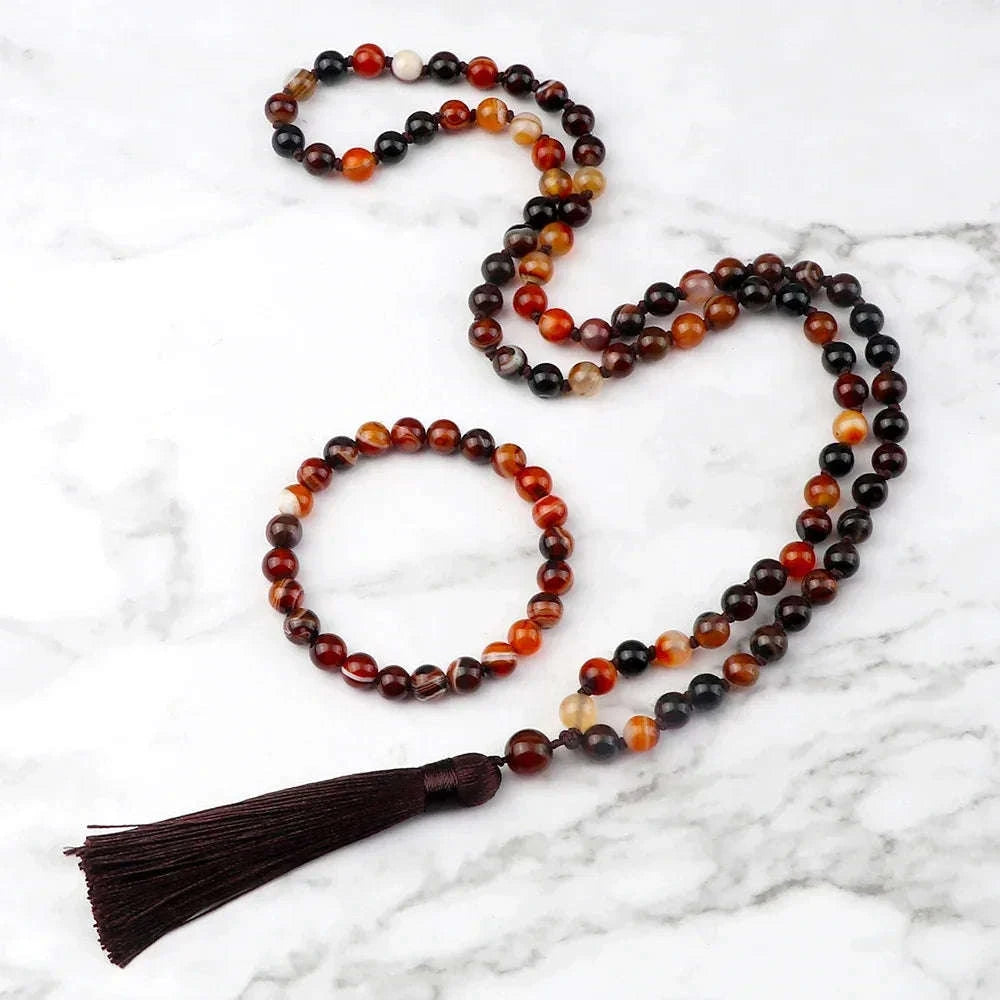 🐯 Natural Tiger Eye Stone Jewelry Set (Necklace & Bracelet): Healing Tassel Pendant & Sweater Chain – Confidence, Wealth & Protection Crystal for Women Wine Red Striped