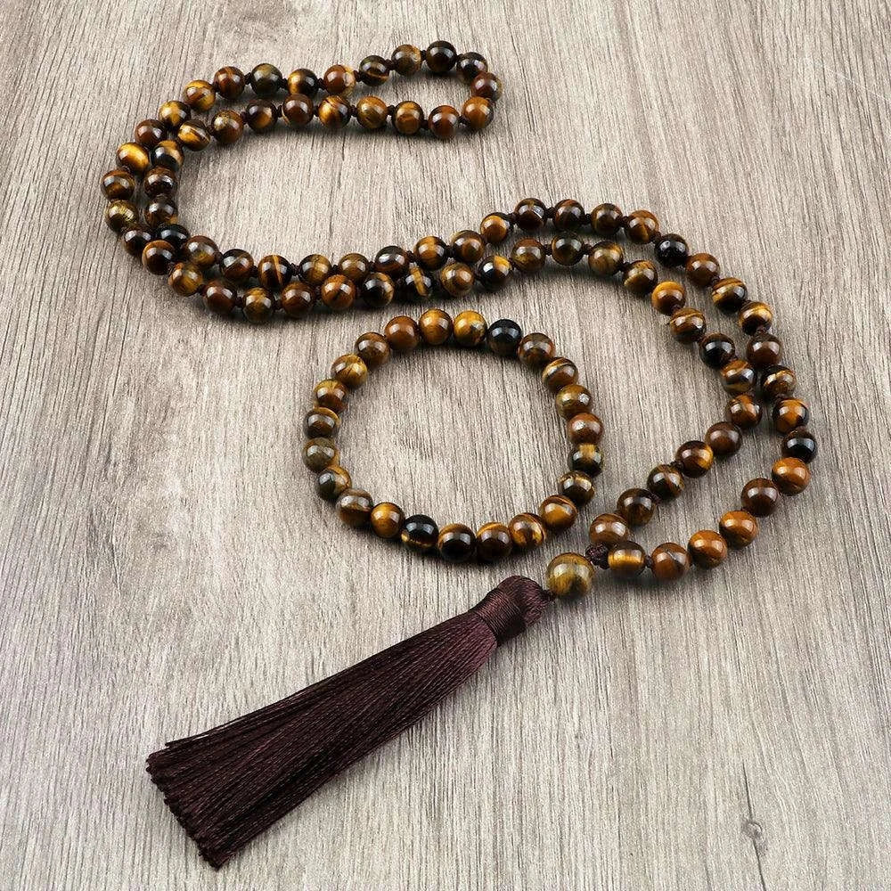 🐯 Natural Tiger Eye Stone Jewelry Set (Necklace & Bracelet): Healing Tassel Pendant & Sweater Chain – Confidence, Wealth & Protection Crystal for Women