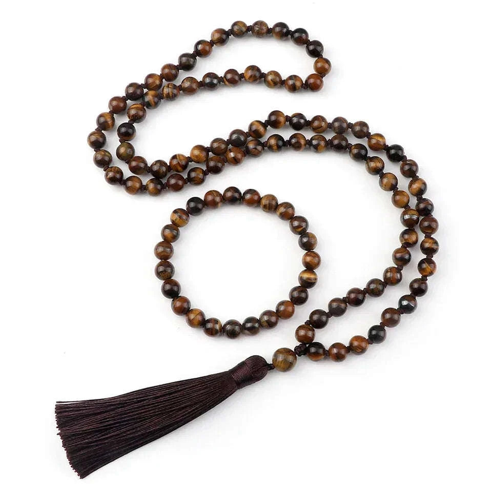 🐯 Natural Tiger Eye Stone Jewelry Set (Necklace & Bracelet): Healing Tassel Pendant & Sweater Chain – Confidence, Wealth & Protection Crystal for Women