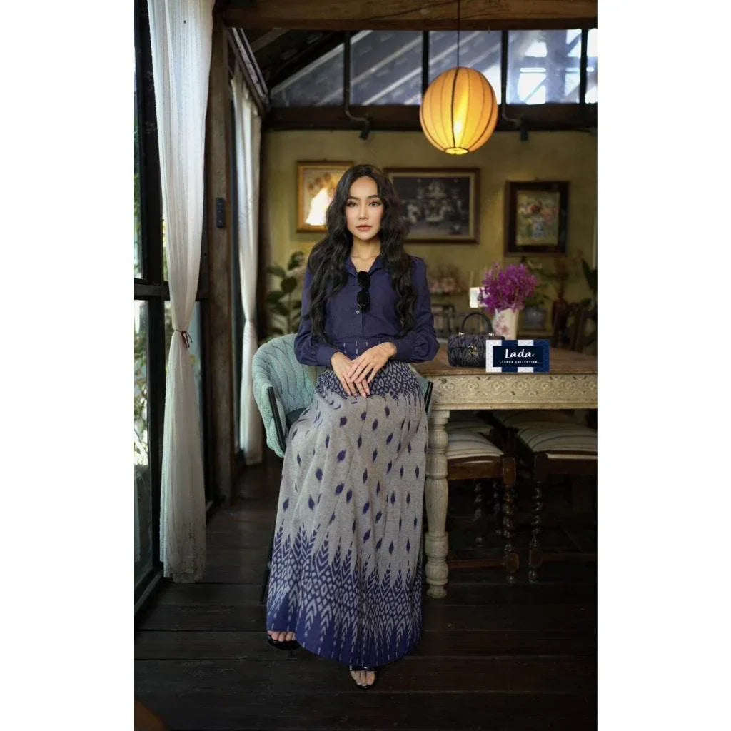 Navy Long Sleeve Shirt Skirt Set in Indigo Double-Tone Traditional Lanna Cotton Fabric | Sizes S–XL for Women