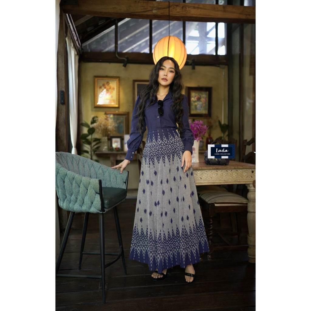 Navy Long Sleeve Shirt Skirt Set in Indigo Double-Tone Traditional Lanna Cotton Fabric | Sizes S–XL for Women