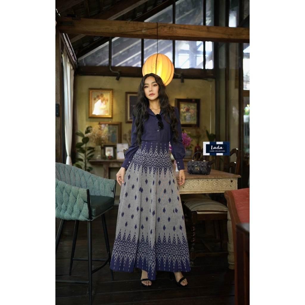 Navy Long Sleeve Shirt Skirt Set in Indigo Double-Tone Traditional Lanna Cotton Fabric | Sizes S–XL for Women