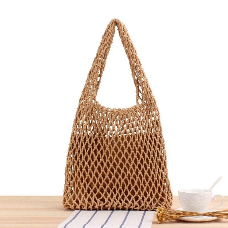 New 7-Color Crochet Shoulder Bag with Leather Base – Eco-Friendly Women’s Tote Bag with Inner Pouch – 50x28cm khaki