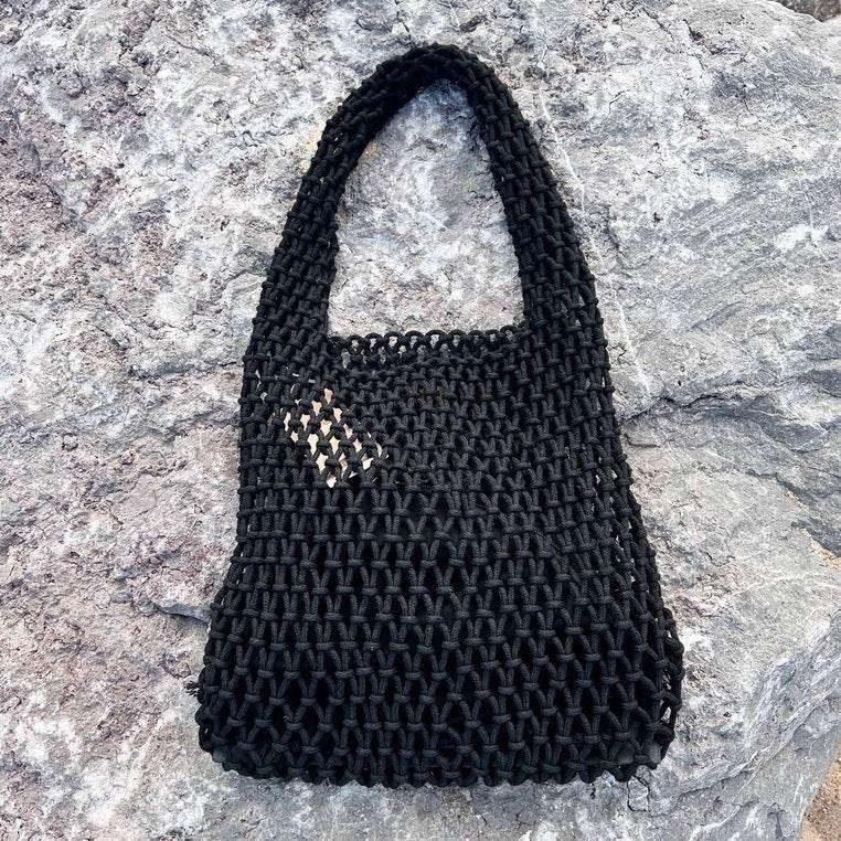 New 7-Color Crochet Shoulder Bag with Leather Base – Eco-Friendly Women’s Tote Bag with Inner Pouch – 50x28cm Black