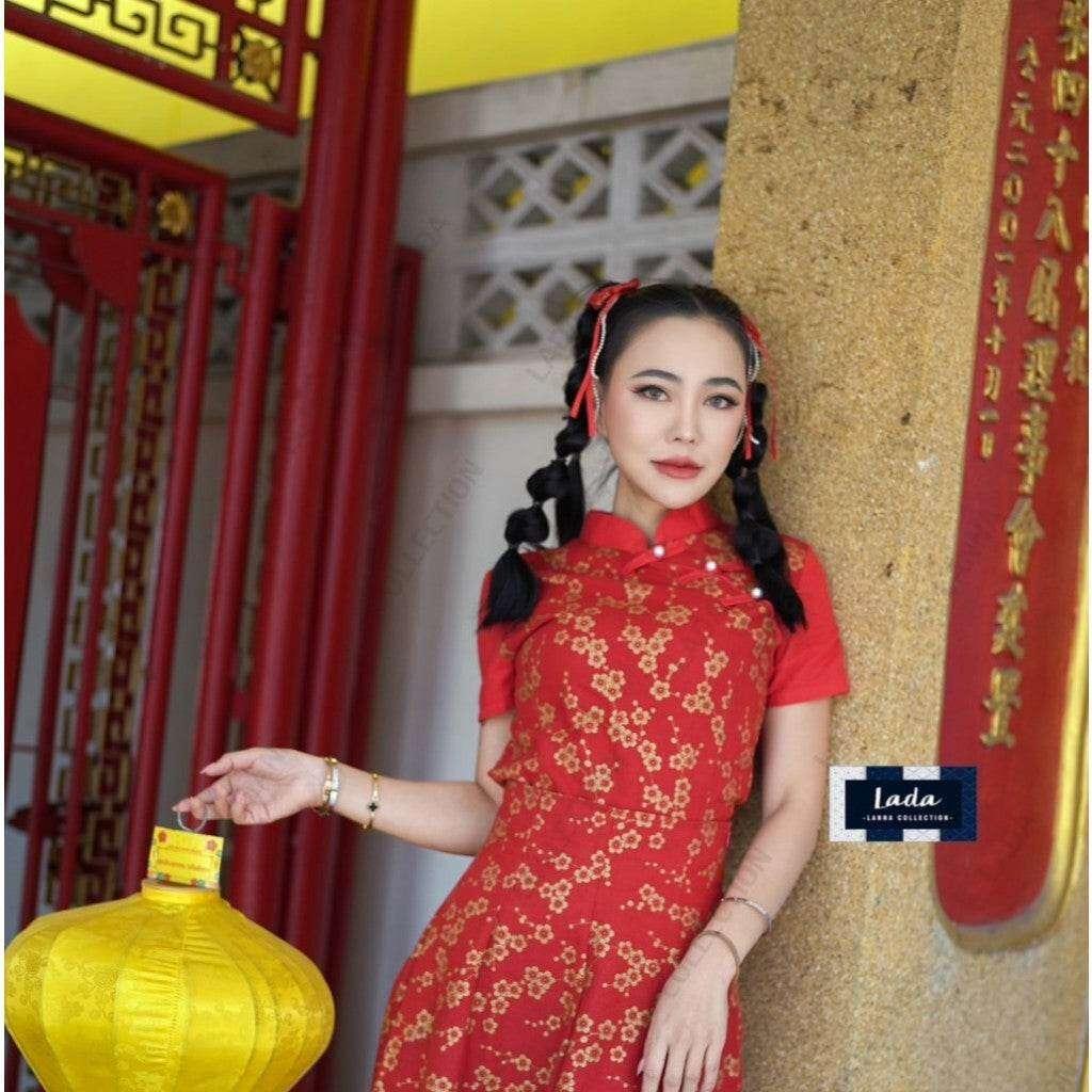 New Arrival 8-Piece Pleated Skirt Set with Mandarin Blouse | Cotton Peony Pattern for Lunar New Year & Special Events