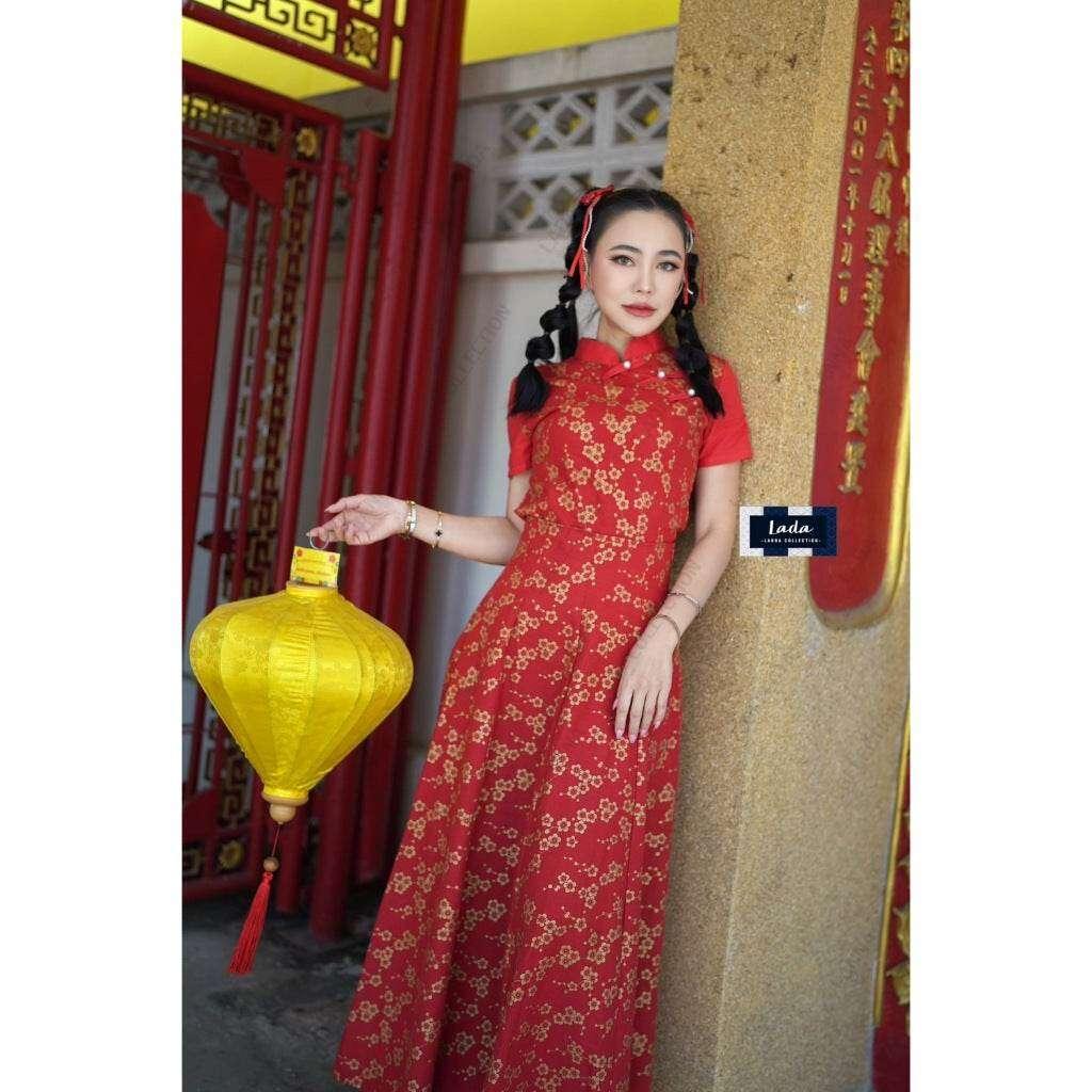 New Arrival 8-Piece Pleated Skirt Set with Mandarin Blouse | Cotton Peony Pattern for Lunar New Year & Special Events